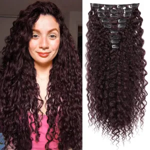 Hair Extension, LONAI 9PCS Black Clip in Hair Extensions, LN001 22" Long Curly Thick Heat Resistant Synthetic Soft Deep Wave Hairpieces for Women-Burgundy