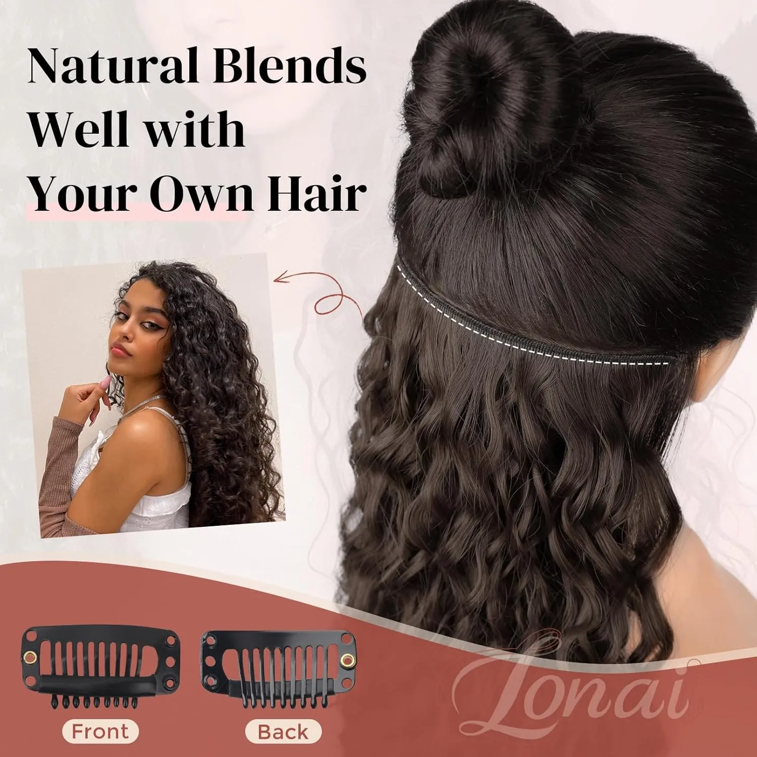 Hair Extension, LONAI 9PCS Black Clip in Hair Extensions, LN001 22" Long Curly Thick Heat Resistant Synthetic Soft Deep Wave Hairpieces for Women-Burgundy