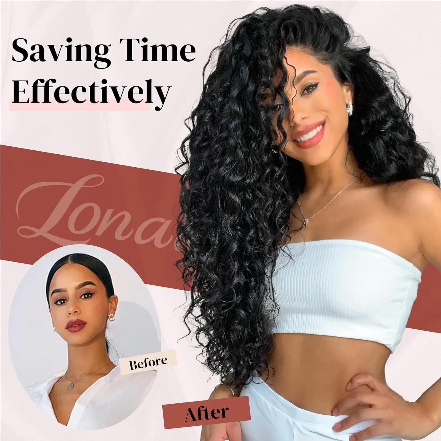 Hair Extension, LONAI 9PCS Black Clip in Hair Extensions, LN001 22" Long Curly Thick Heat Resistant Synthetic Soft Deep Wave Hairpieces for Women-Burgundy