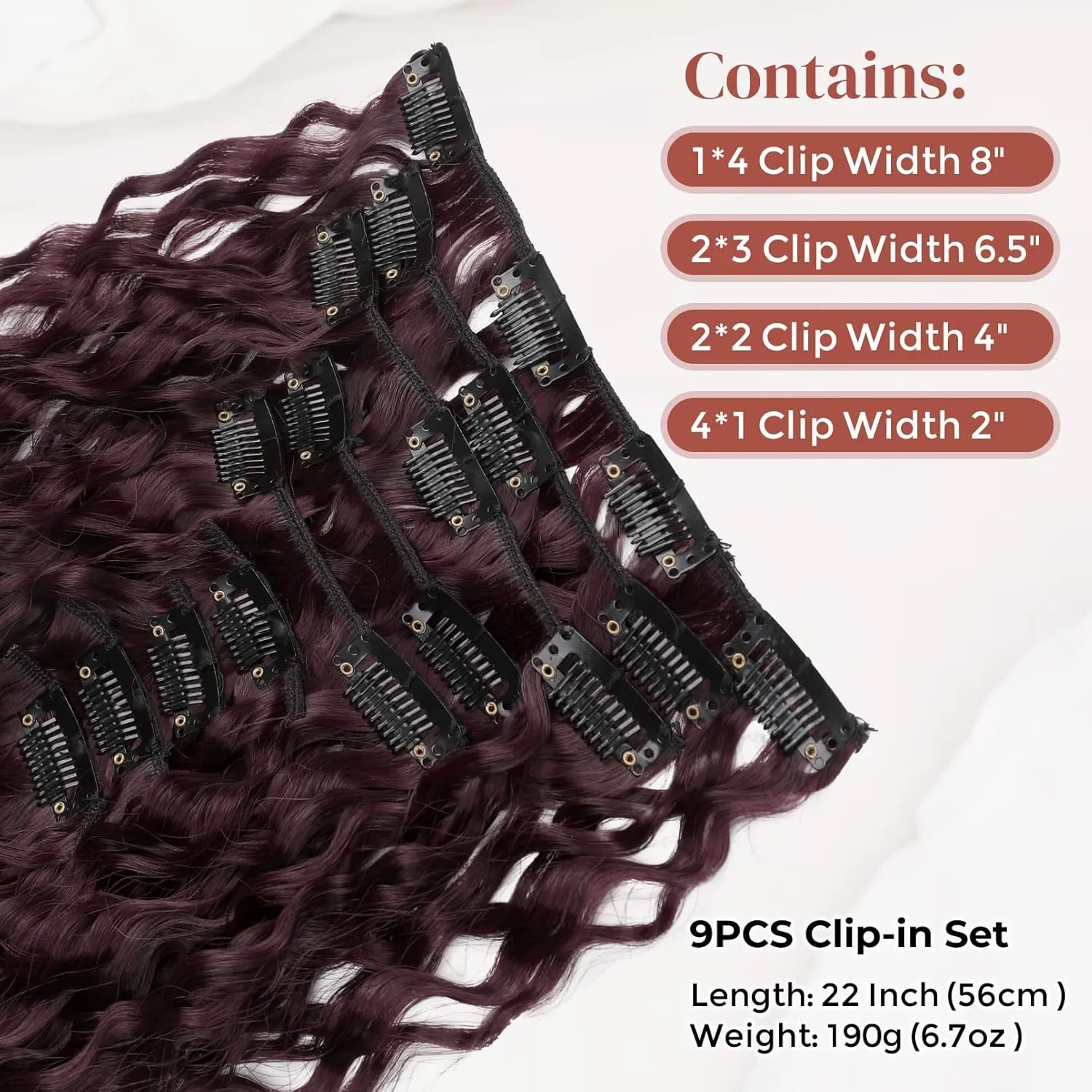 Hair Extension, LONAI 9PCS Black Clip in Hair Extensions, LN001 22" Long Curly Thick Heat Resistant Synthetic Soft Deep Wave Hairpieces for Women-Burgundy
