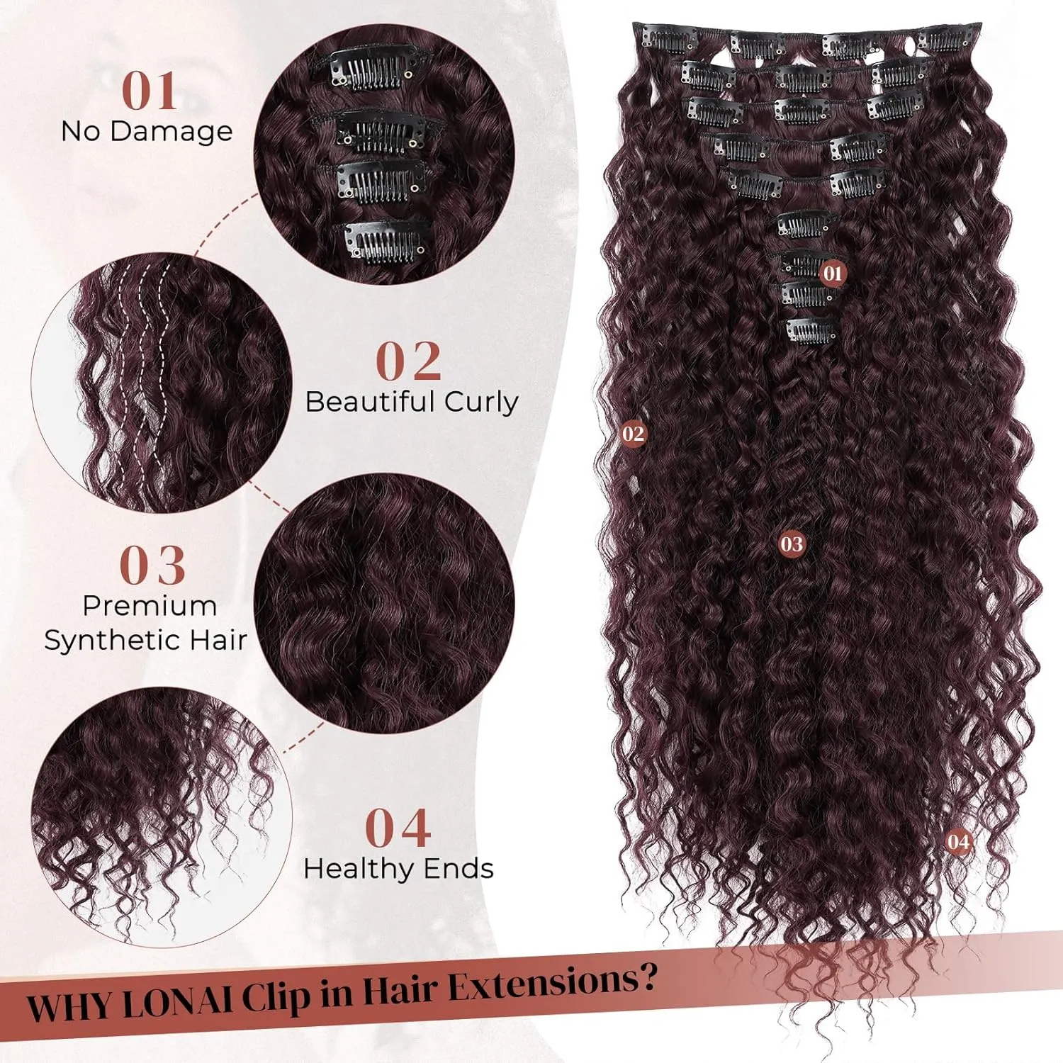 Hair Extension, LONAI 9PCS Black Clip in Hair Extensions, LN001 22" Long Curly Thick Heat Resistant Synthetic Soft Deep Wave Hairpieces for Women-Burgundy