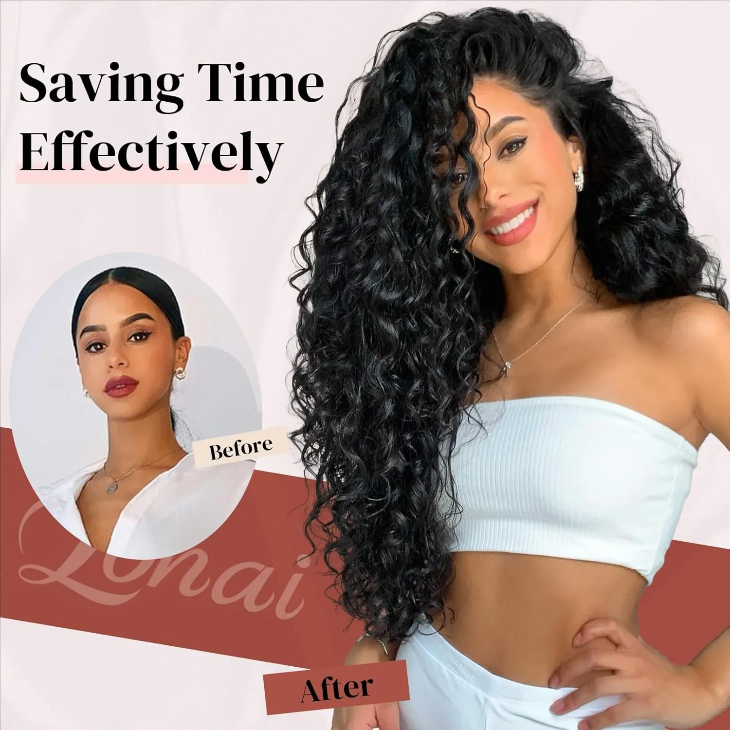 Hair Extension, LONAI 9PCS Clip in Hair Extensions, LN002 22" Long Curly Thick Heat Resistant Synthetic Soft Deep Wave Hairpieces for Women-Copper Red
