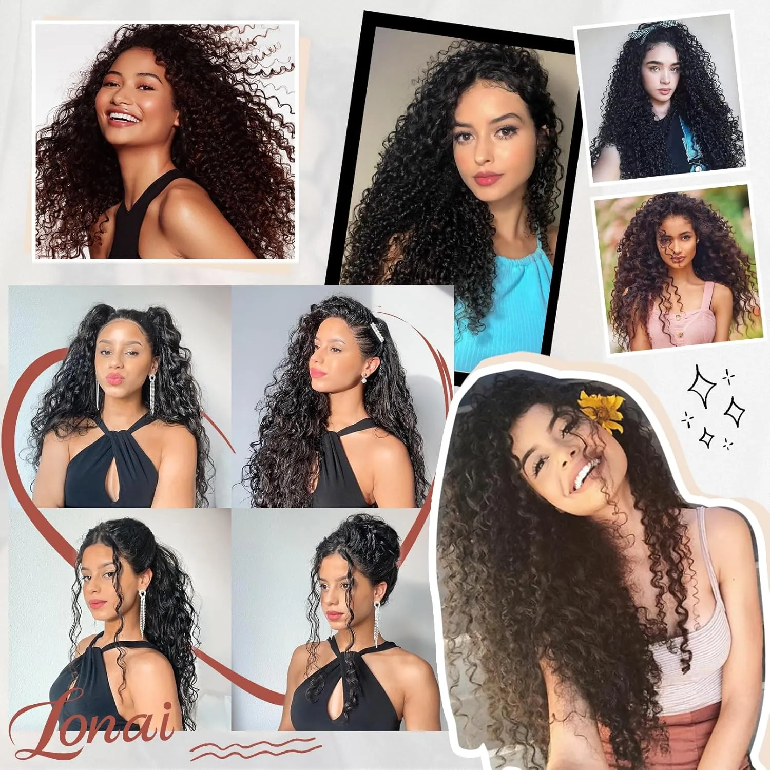 Hair Extension, LONAI 9PCS Clip in Hair Extensions, LN002 22" Long Curly Thick Heat Resistant Synthetic Soft Deep Wave Hairpieces for Women-Copper Red