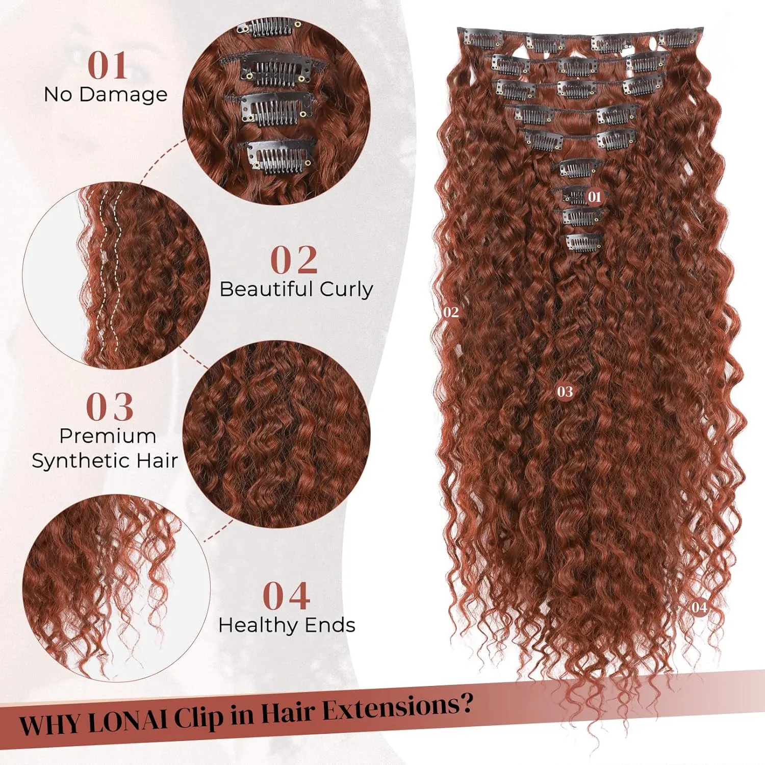 Hair Extension, LONAI 9PCS Clip in Hair Extensions, LN002 22" Long Curly Thick Heat Resistant Synthetic Soft Deep Wave Hairpieces for Women-Copper Red