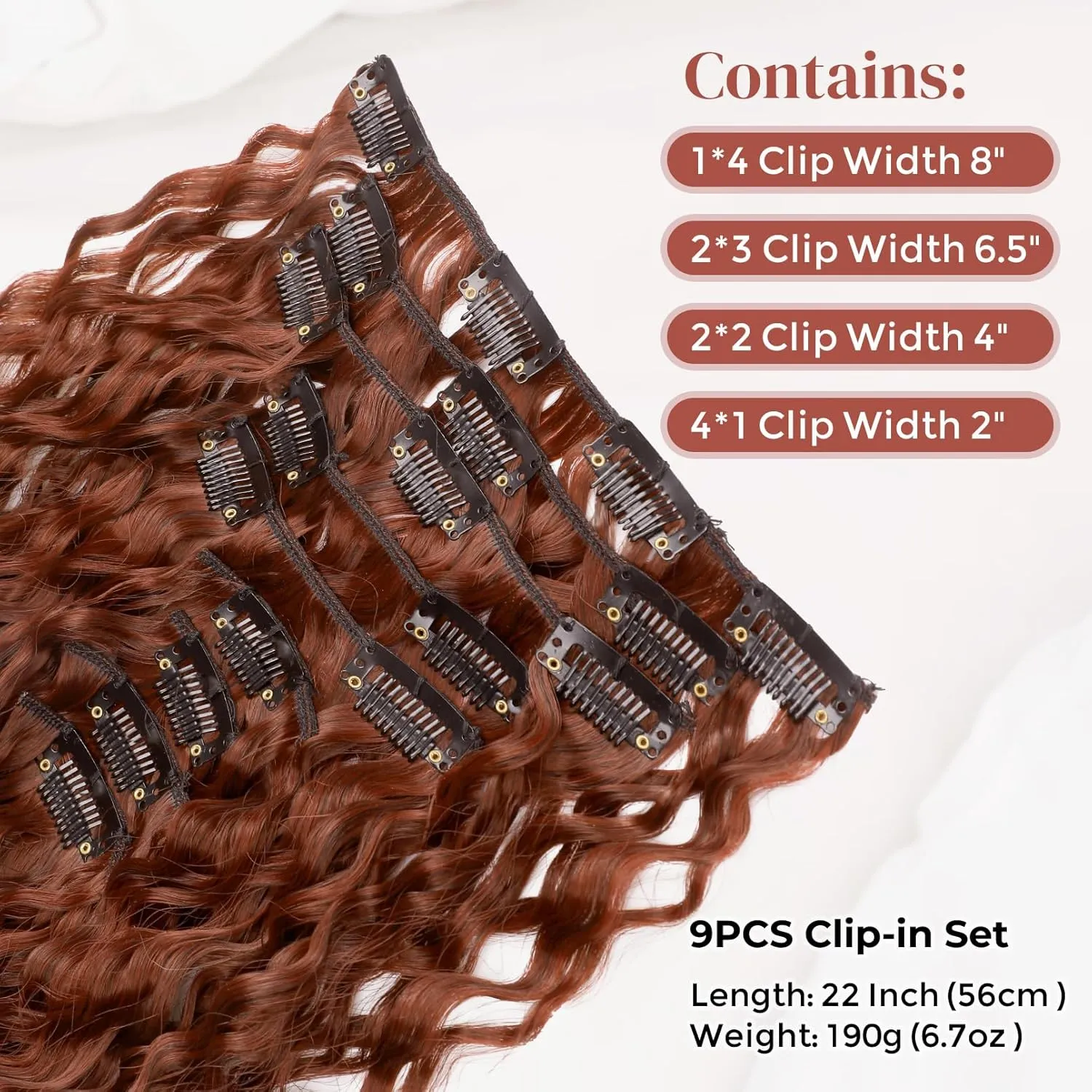 Hair Extension, LONAI 9PCS Clip in Hair Extensions, LN002 22" Long Curly Thick Heat Resistant Synthetic Soft Deep Wave Hairpieces for Women-Copper Red