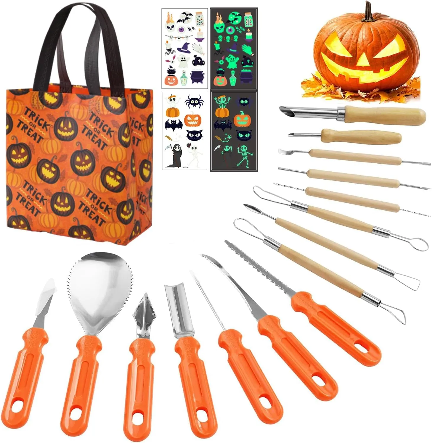 Halloween Pumpkin Carving Kit, Professional Stainless Steel Pumpkin Carving Tools Kit with Storage bag and luminous Tattoos, Carve Sculpt Jack-O-Lanterns for Decorations DIY