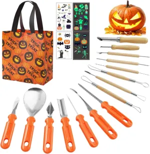 Halloween Pumpkin Carving Kit, Professional Stainless Steel Pumpkin Carving Tools Kit with Storage bag and luminous Tattoos, Carve Sculpt Jack-O-Lanterns for Decorations DIY