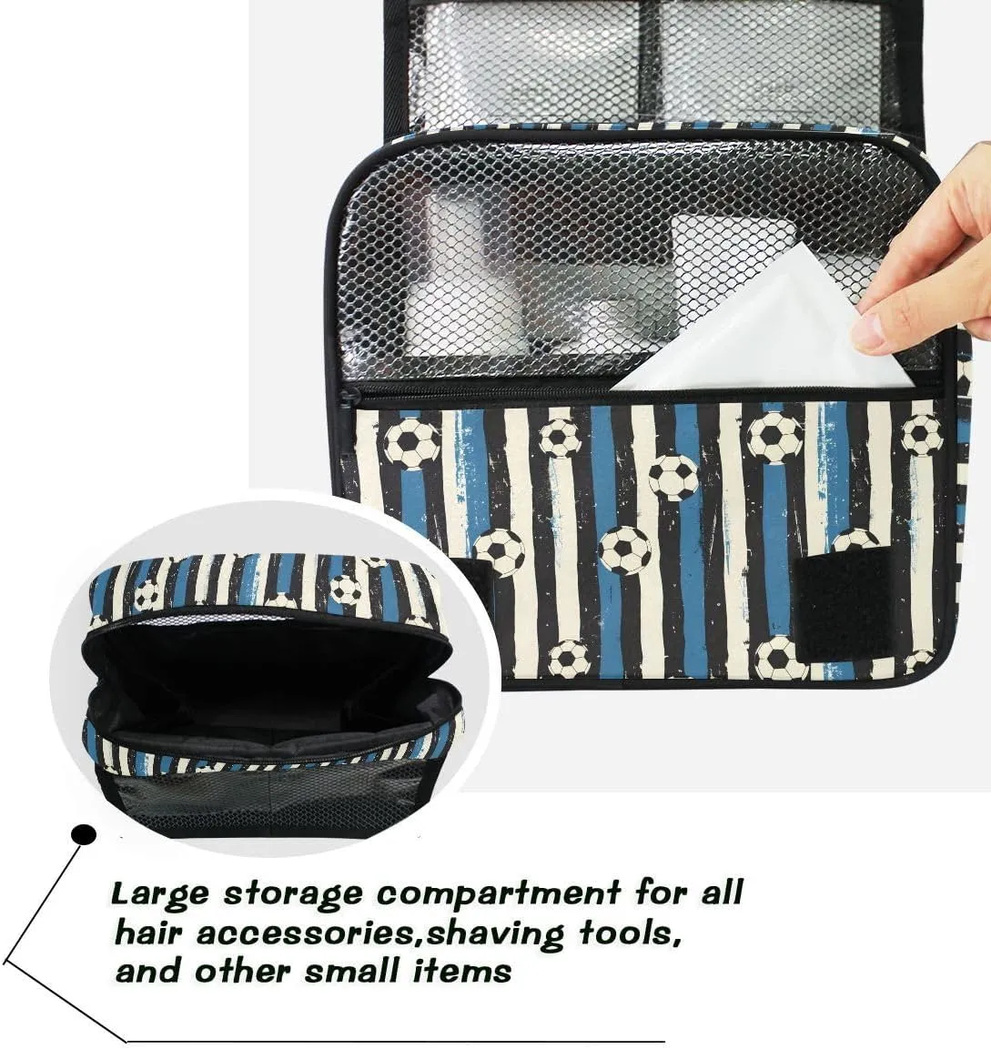 Hanging Travel Toiletry Bag Blue Black Stripes Soccer Balls Kit Makeup Case Cosmetics Organizer for Men Women