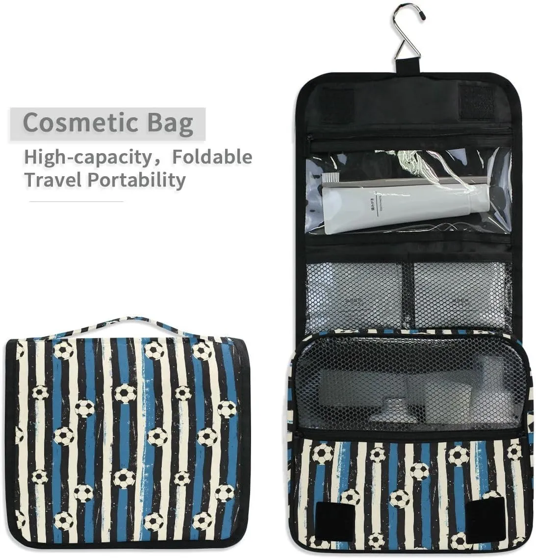 Hanging Travel Toiletry Bag Blue Black Stripes Soccer Balls Kit Makeup Case Cosmetics Organizer for Men Women