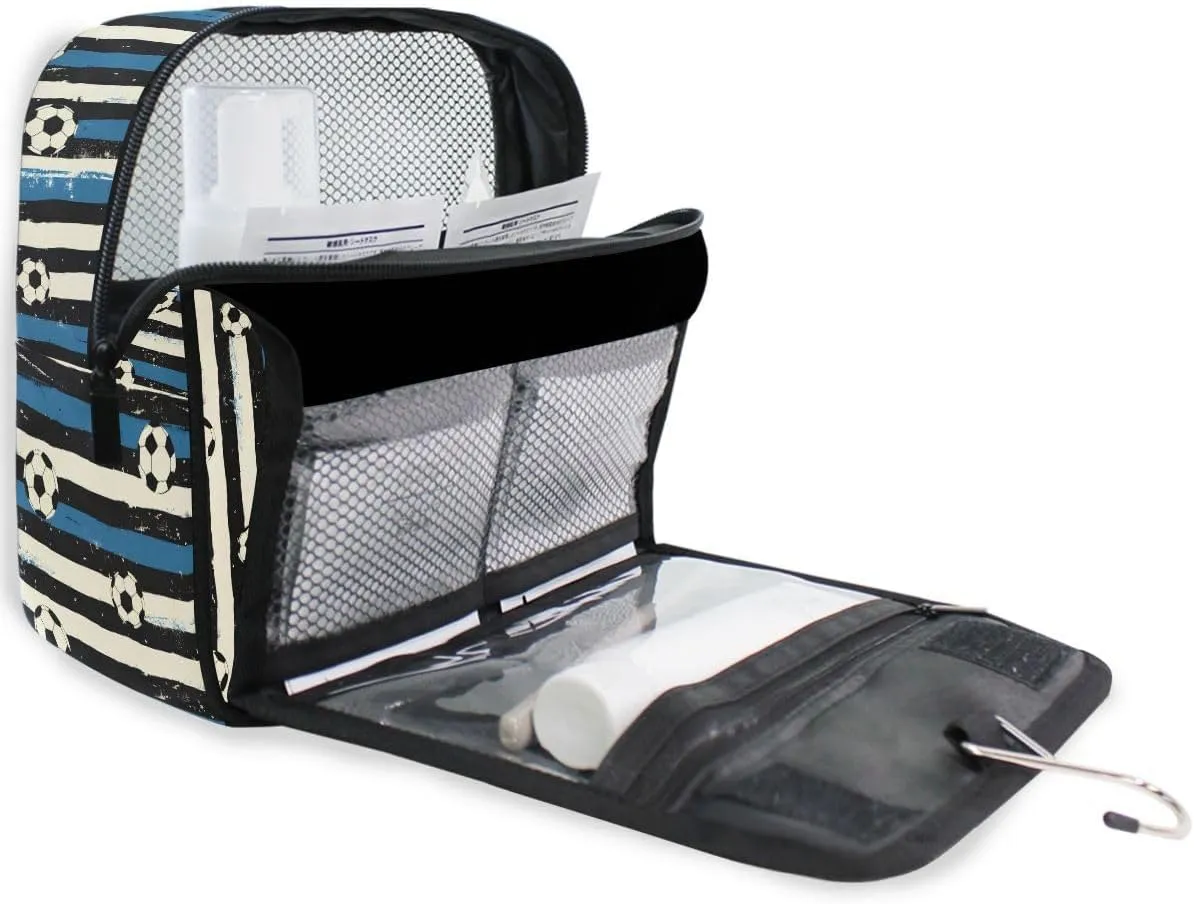 Hanging Travel Toiletry Bag Blue Black Stripes Soccer Balls Kit Makeup Case Cosmetics Organizer for Men Women