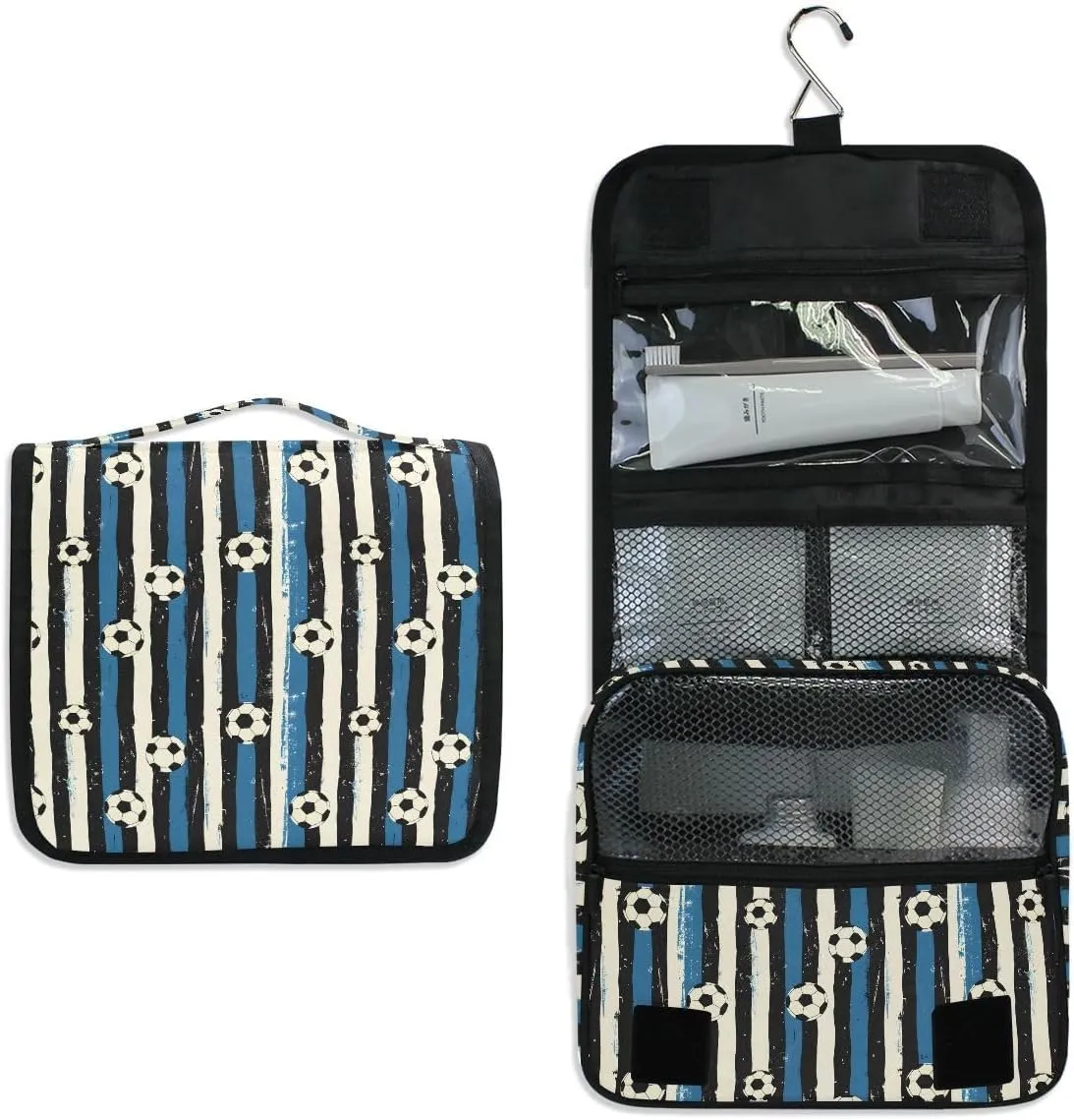 Hanging Travel Toiletry Bag Blue Black Stripes Soccer Balls Kit Makeup Case Cosmetics Organizer for Men Women