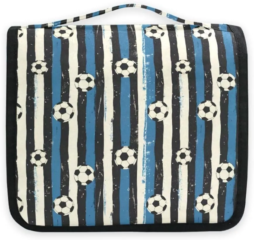 Hanging Travel Toiletry Bag Blue Black Stripes Soccer Balls Kit Makeup Case Cosmetics Organizer for Men Women