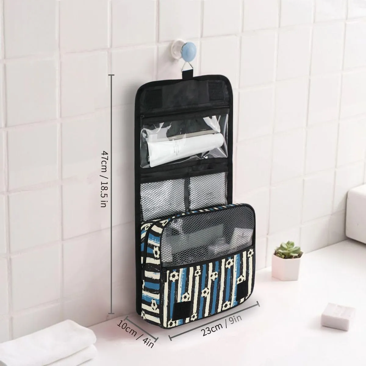 Hanging Travel Toiletry Bag Blue Black Stripes Soccer Balls Kit Makeup Case Cosmetics Organizer for Men Women