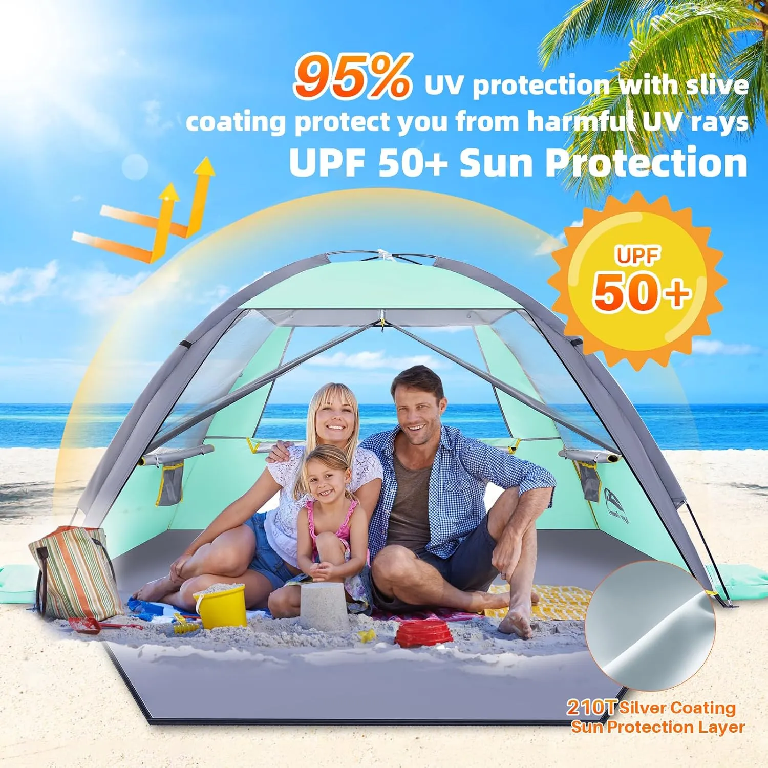 Happy Travel Beach Tent, UPF 50  UV Protection Sun Shade Shelter for 3/4/5/6/7/8 Person, Portable Beach Canopy for Family & Baby, Lightweight & Easy Setup Beach Cabana with 3 Ventilation Mesh Windows