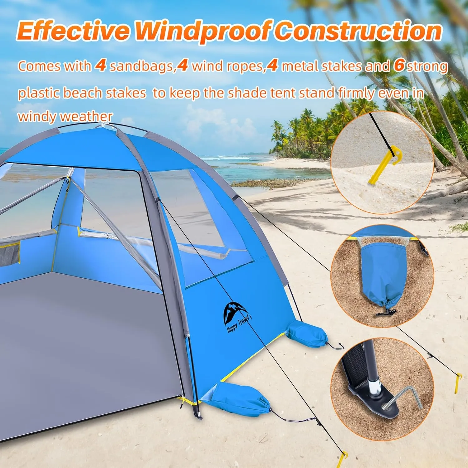 Happy Travel Beach Tent, UPF 50  UV Protection Sun Shade Shelter for 3/4/5/6/7/8 Person, Portable Beach Canopy for Family & Baby, Lightweight & Easy Setup Beach Cabana with 3 Ventilation Mesh Windows