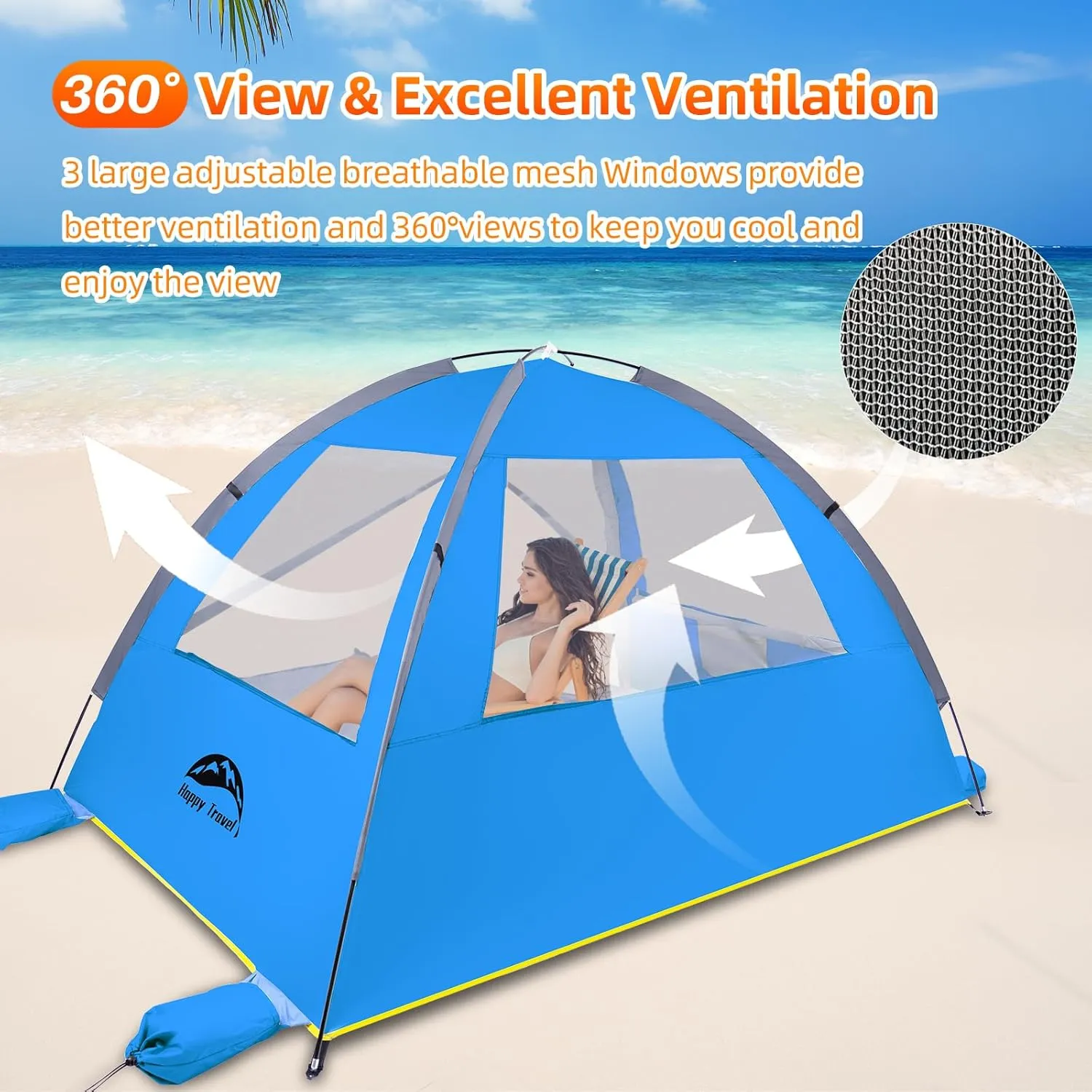Happy Travel Beach Tent, UPF 50  UV Protection Sun Shade Shelter for 3/4/5/6/7/8 Person, Portable Beach Canopy for Family & Baby, Lightweight & Easy Setup Beach Cabana with 3 Ventilation Mesh Windows