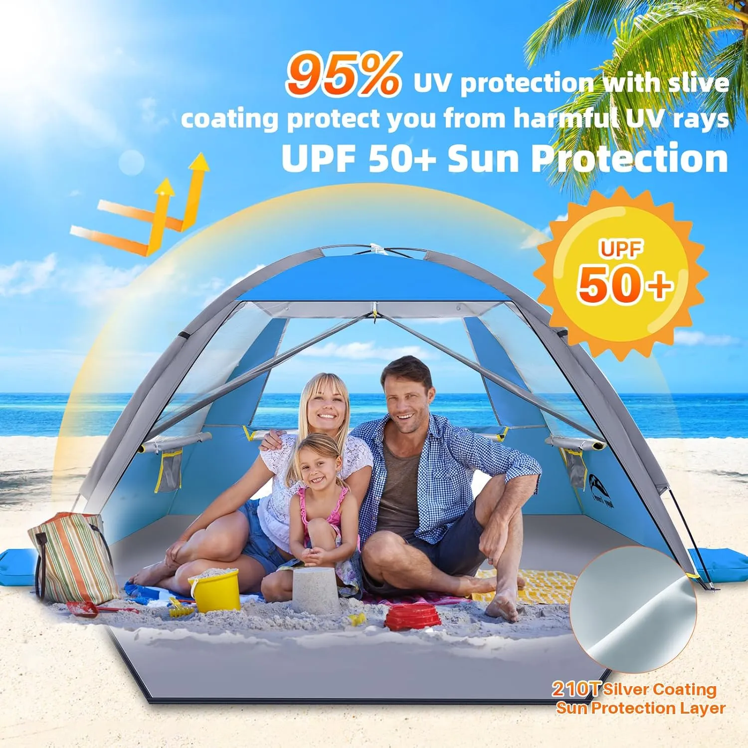 Happy Travel Beach Tent, UPF 50  UV Protection Sun Shade Shelter for 3/4/5/6/7/8 Person, Portable Beach Canopy for Family & Baby, Lightweight & Easy Setup Beach Cabana with 3 Ventilation Mesh Windows