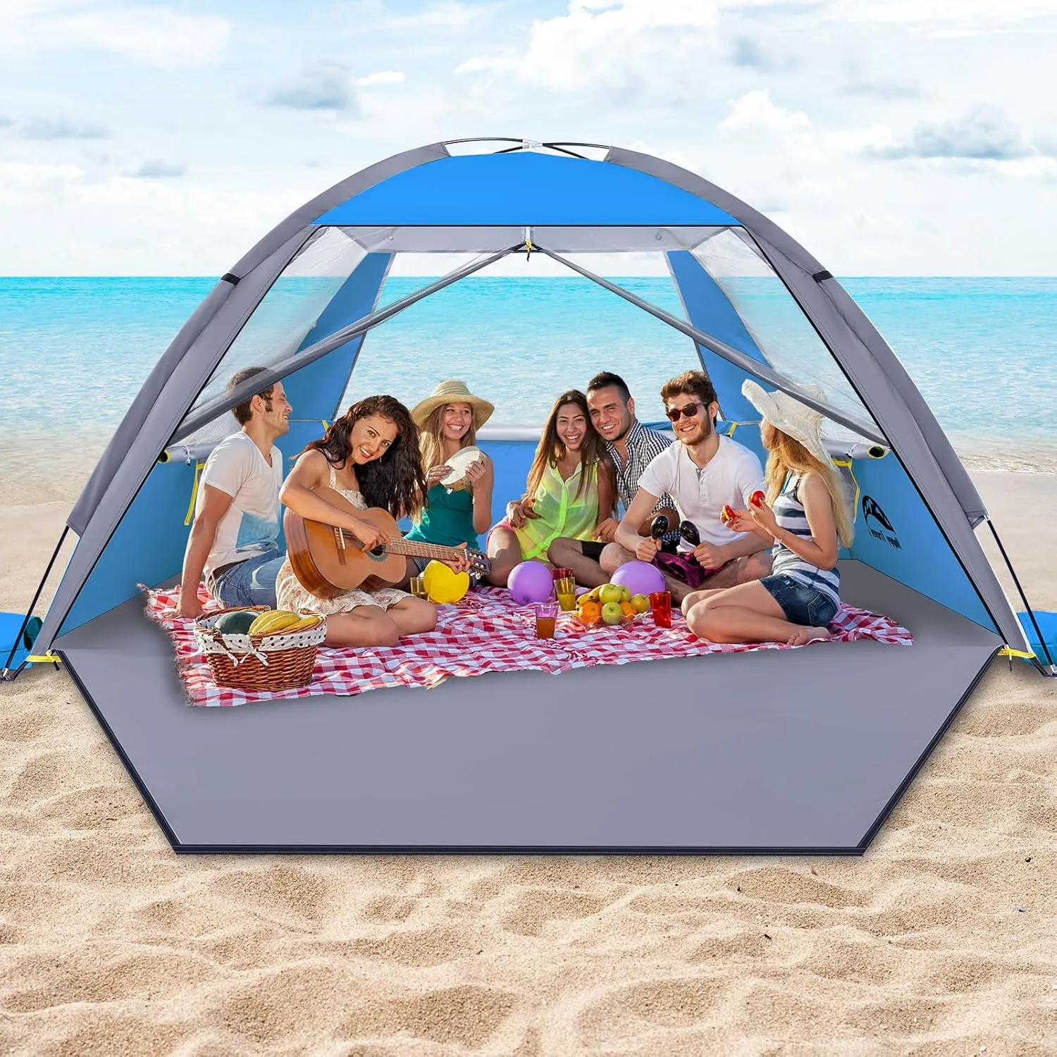 Happy Travel Beach Tent, UPF 50  UV Protection Sun Shade Shelter for 3/4/5/6/7/8 Person, Portable Beach Canopy for Family & Baby, Lightweight & Easy Setup Beach Cabana with 3 Ventilation Mesh Windows