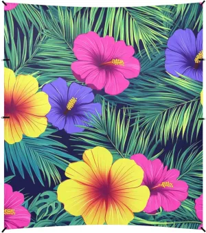 Hawaiian Stylropical Flowers Palm Leaves Bright Neon Colors Foldable Beach Canopy UPF50  Protection Waterproof Large Sun Shade with Sandbags & Sand Shovel for Family Trips, Picnics & Camping