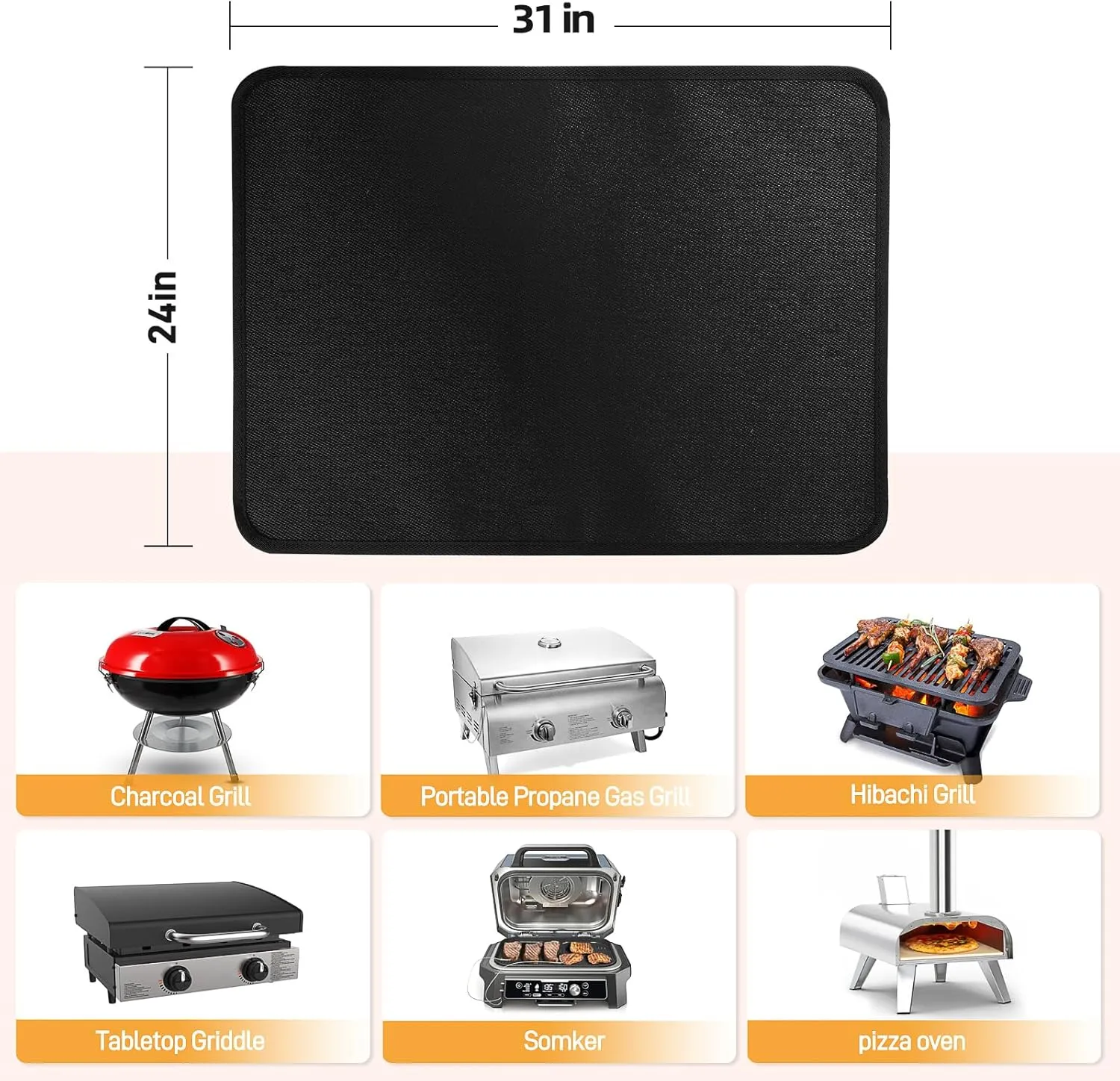 Heat Resistant Mats for Countertop and Grill Table, Fireproof Grill Mats for Outdoor Grill, Portable Charcoal Grill, Gas Grill, Pizza Oven Compatible with Blackstone, Ninja 24x31x0.02in, Black