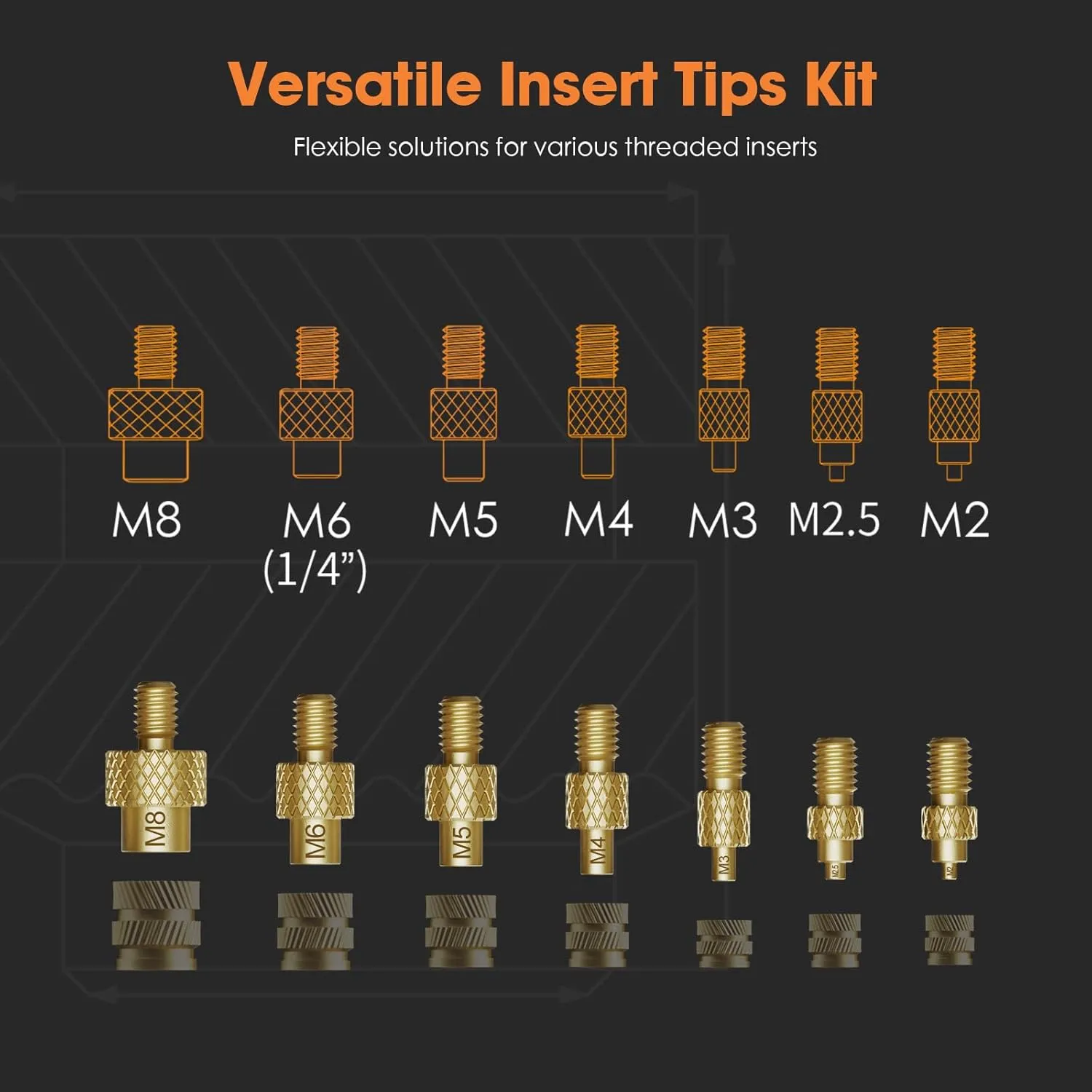 Heat-Set Insert Tips for Threaded Inserts M2 M2.5 M3 M4 M5 M6 M8, Soldering Iron Tips Compatible with Weller SP40NUS/Hakko FX-888D/900M/T18 Irons- Press Tool for Plastic 3D Printer Components