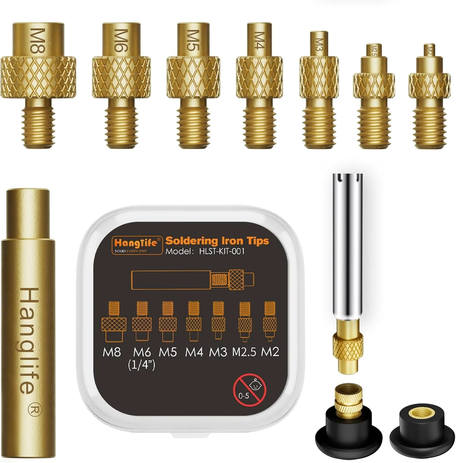 Heat-Set Insert Tips for Threaded Inserts M2 M2.5 M3 M4 M5 M6 M8, Soldering Iron Tips Compatible with Weller SP40NUS/Hakko FX-888D/900M/T18 Irons- Press Tool for Plastic 3D Printer Components