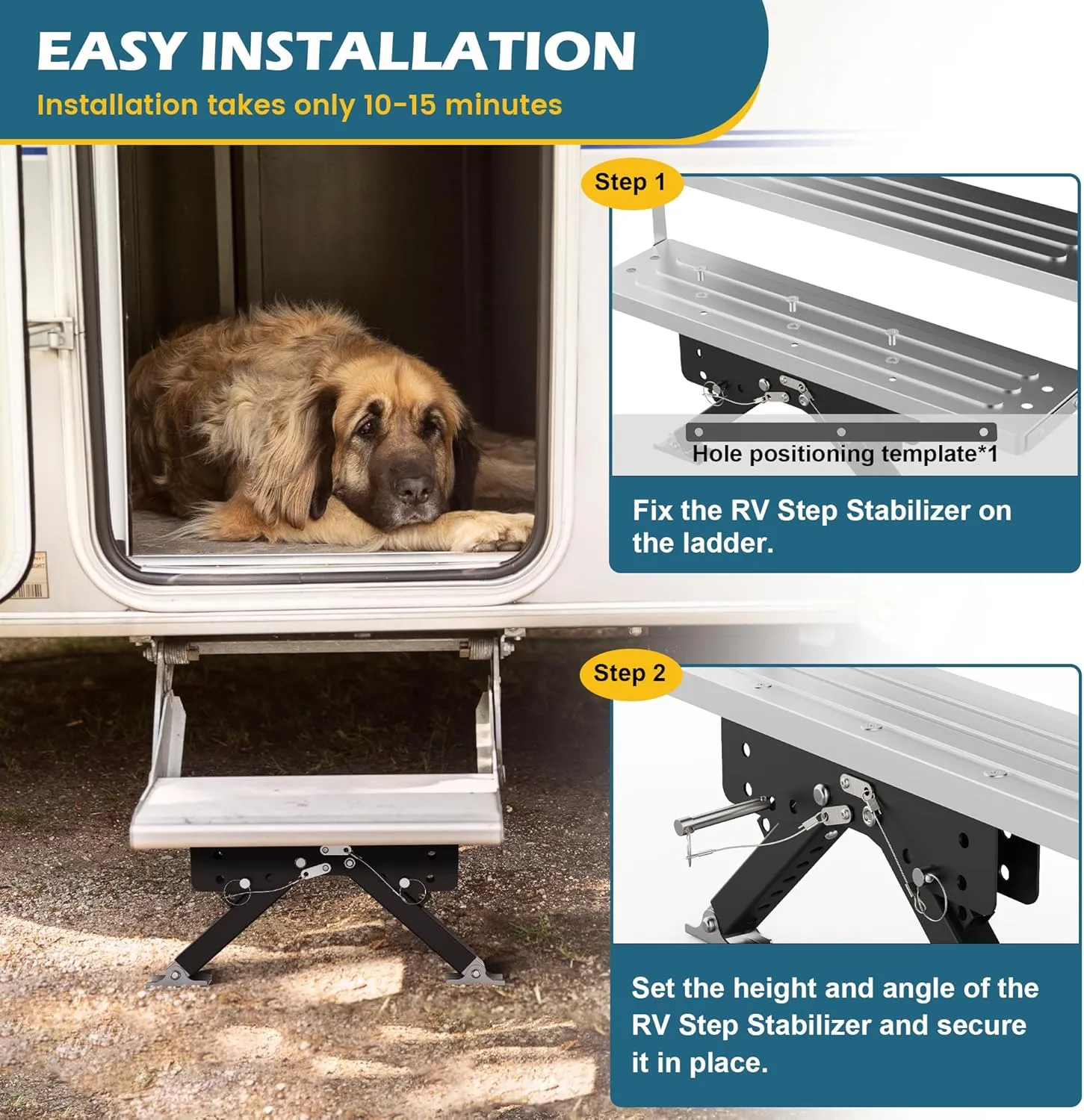 Heavy-Duty RV Step Stabilizer, Thickened Reinforced Metal for Superior Stability, Foldable and Height Adjustable, Easy Installation for Travel Trailers/5th Wheels/Motorhomes