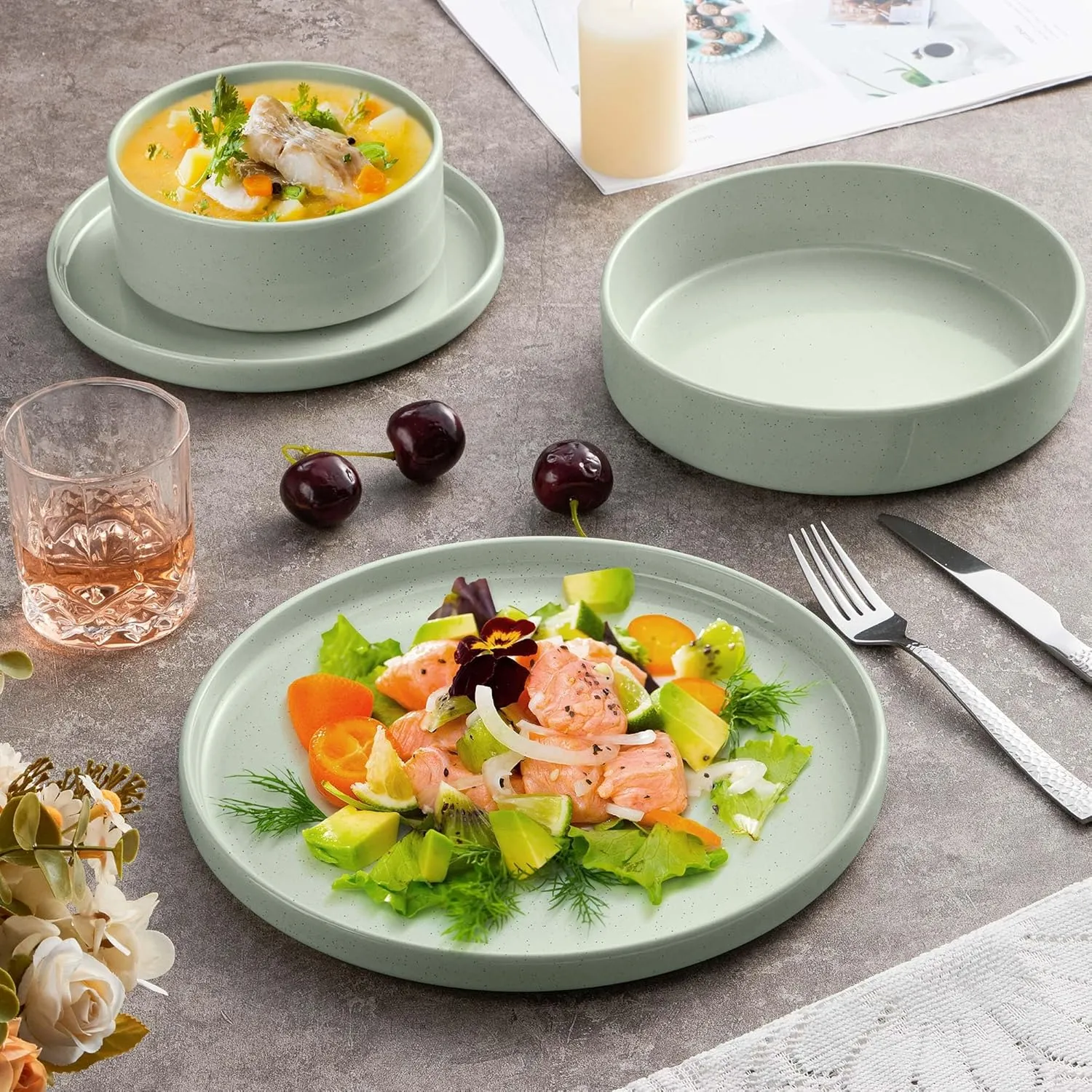 Herogo 8 Piece Plates and Bowls Set, Kitchen Dinnerware Sets with Pasta Bowls, Dinner Ware Dishes Service for 2, Chip & Scratch Resistant Porcelain Kitchen Dishware, Speckled Light Green