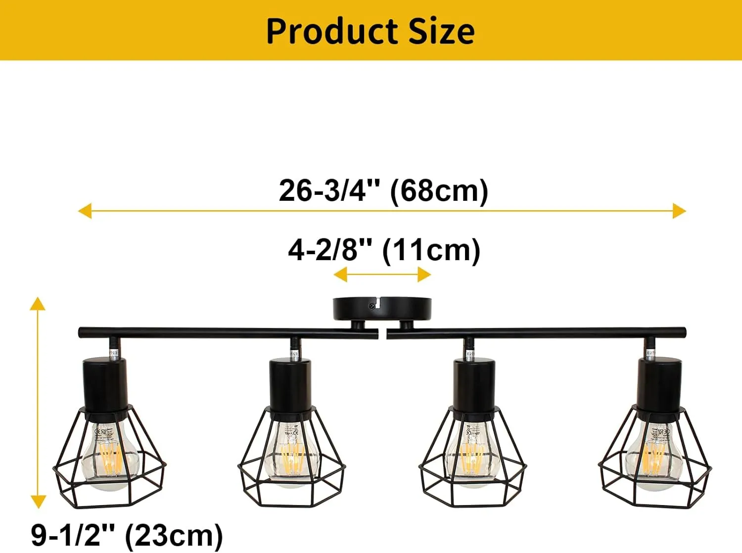 HiBay 4-Light Track Lighting Kit, Directional Rotatable Ceiling Light Fixtures, Black Geometric Metal Cage Industrial Spotlight Fixtures for Kitchen, Bedroom, Hallway, E26 Base (Bulbs Not Included)