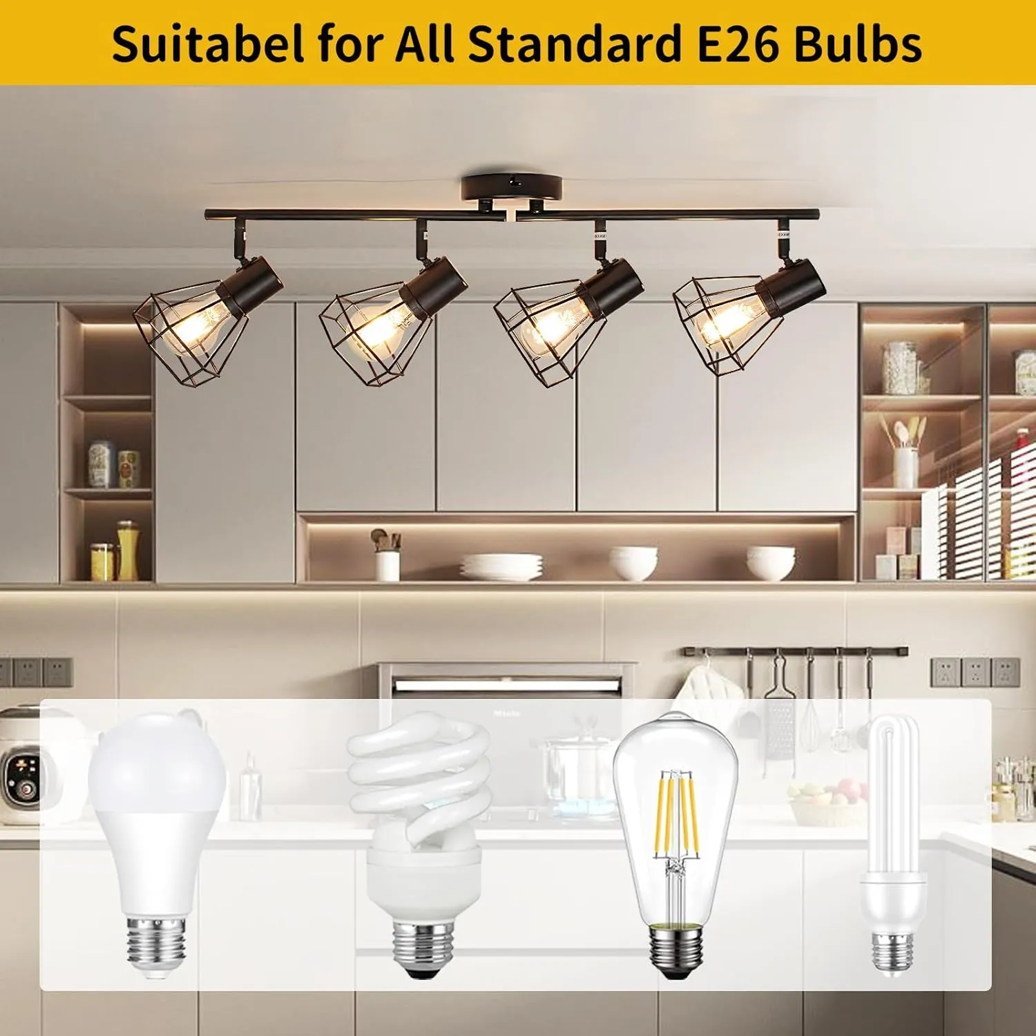 HiBay 4-Light Track Lighting Kit, Directional Rotatable Ceiling Light Fixtures, Black Geometric Metal Cage Industrial Spotlight Fixtures for Kitchen, Bedroom, Hallway, E26 Base (Bulbs Not Included)