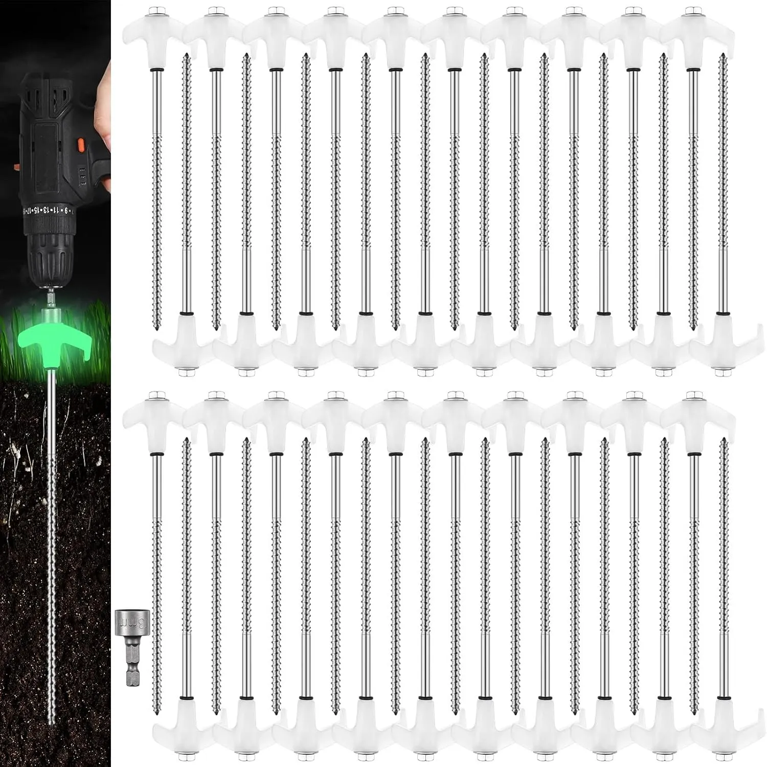 Hicarer 40 Pcs 20 Pcs 8'' Screw in Tent Stakes Heavy Duty Ground Metal Stakes for Inflatables with Hex Head Driver for Outdoor Camping Tent Inflatable Garden Decor (Luminous White)