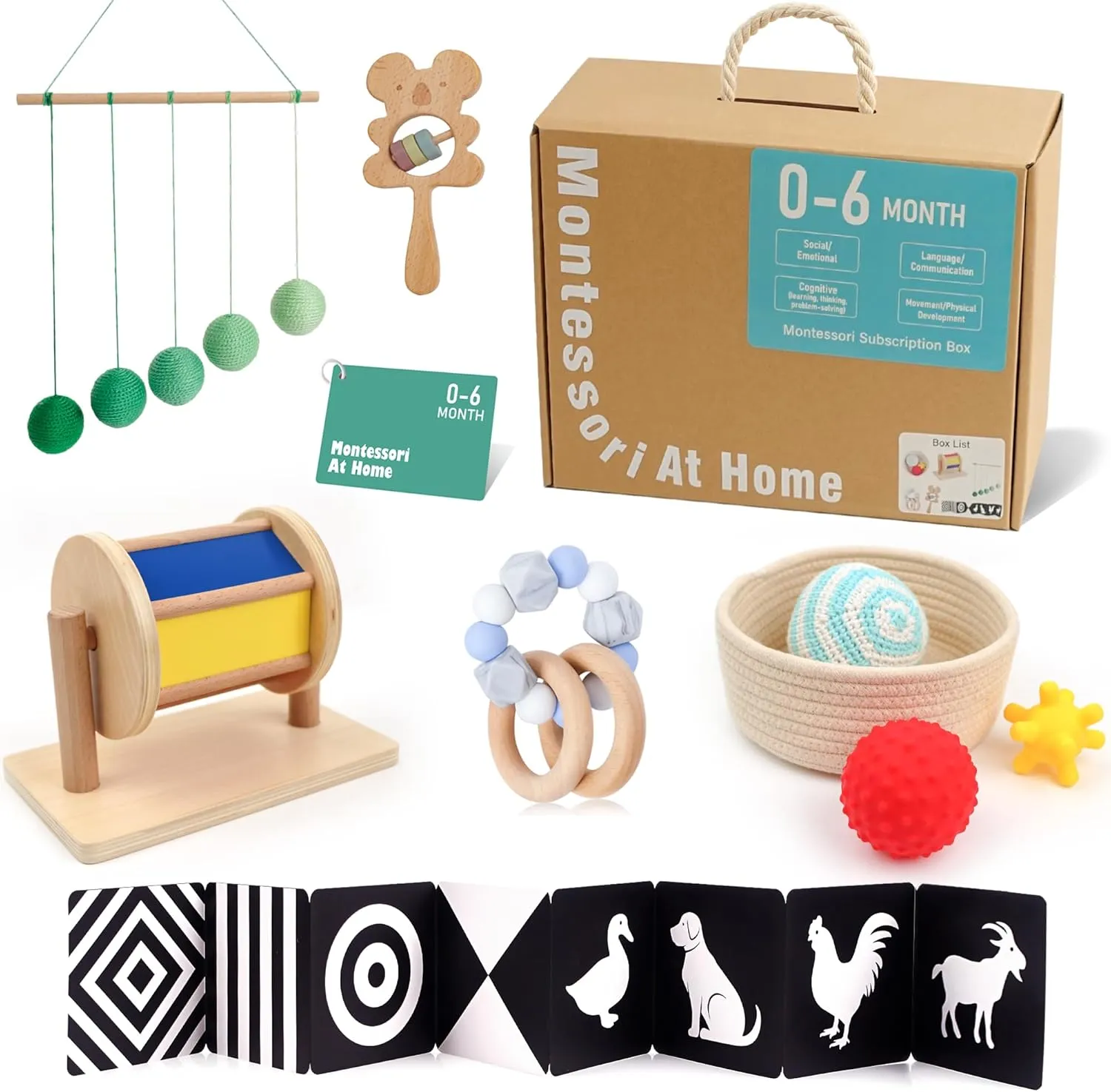 Hidoggy Montessori Play Kit for 0-6 Months Baby,6 in 1 Learning Educational Sensory Toys for Toddlers 0 3 6 Months, Includes High Contrast Baby Toys, Sensory Balls&Basket, Spinning Drum and More
