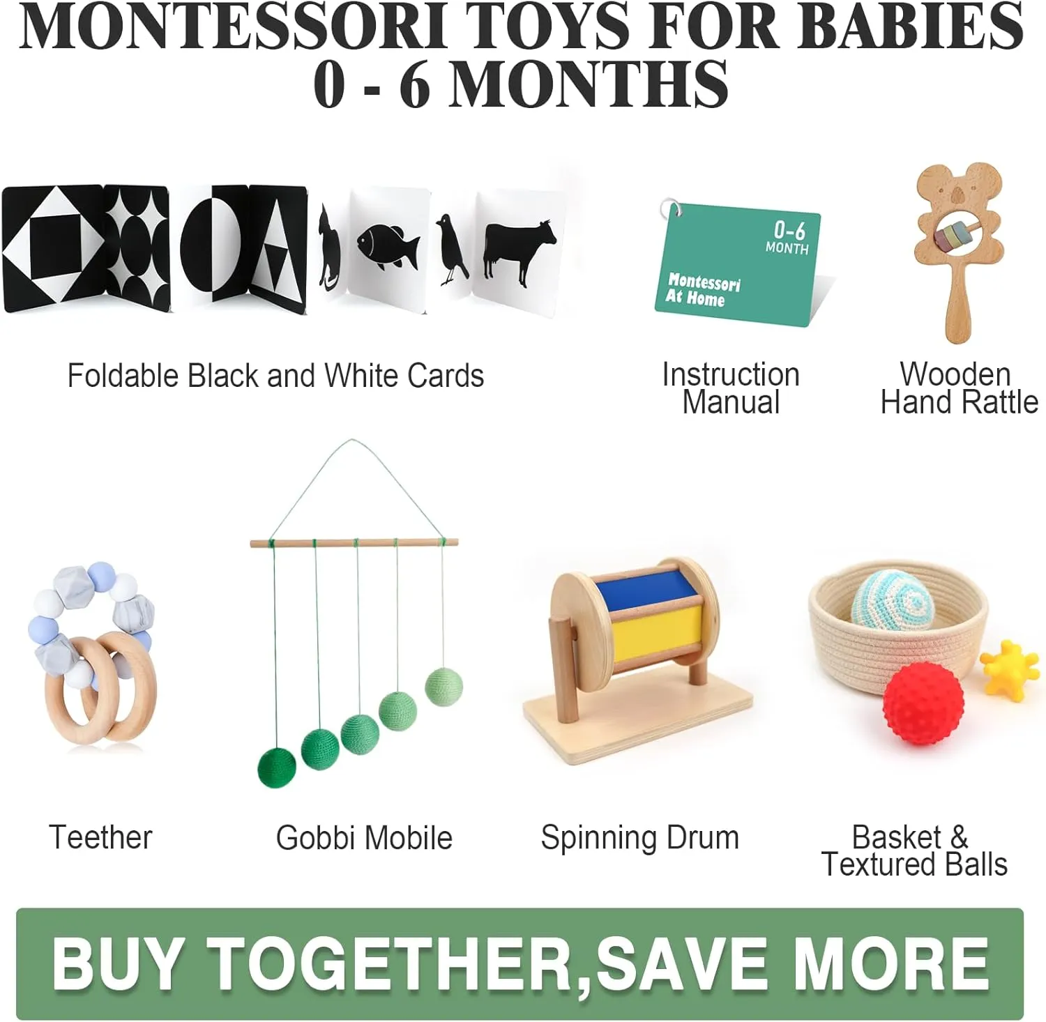 Hidoggy Montessori Play Kit for 0-6 Months Baby,6 in 1 Learning Educational Sensory Toys for Toddlers 0 3 6 Months, Includes High Contrast Baby Toys, Sensory Balls&Basket, Spinning Drum and More