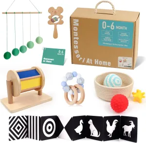 Hidoggy Montessori Play Kit for 0-6 Months Baby,6 in 1 Learning Educational Sensory Toys for Toddlers 0 3 6 Months, Includes High Contrast Baby Toys, Sensory Balls&Basket, Spinning Drum and More