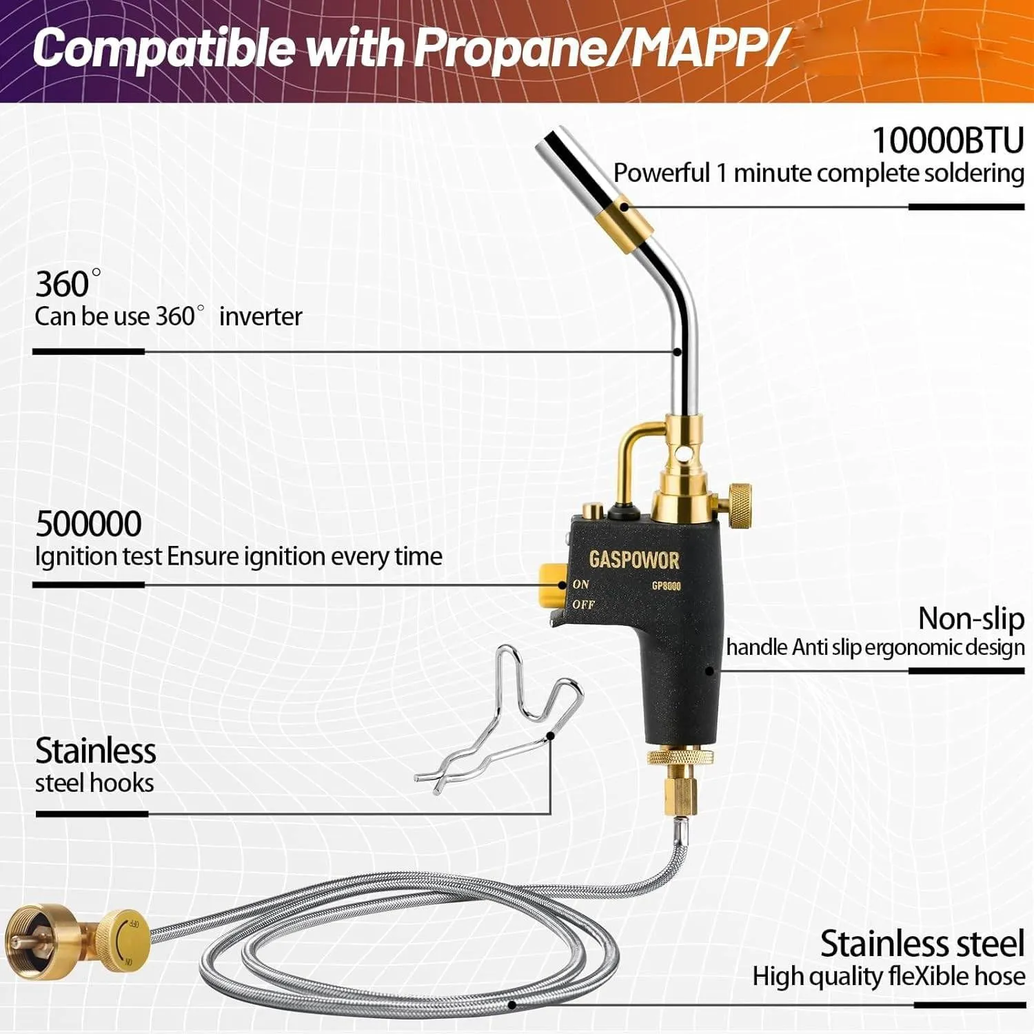 High Intensity Propane Torch Head with 4FT Hose & Cylinder Clip, Gas Torch Head Fuel by Propane,MAPP, Welding Torch, Trigger Start torch lighter,Blow Torch (CSA Certified, Fuel Not Included)