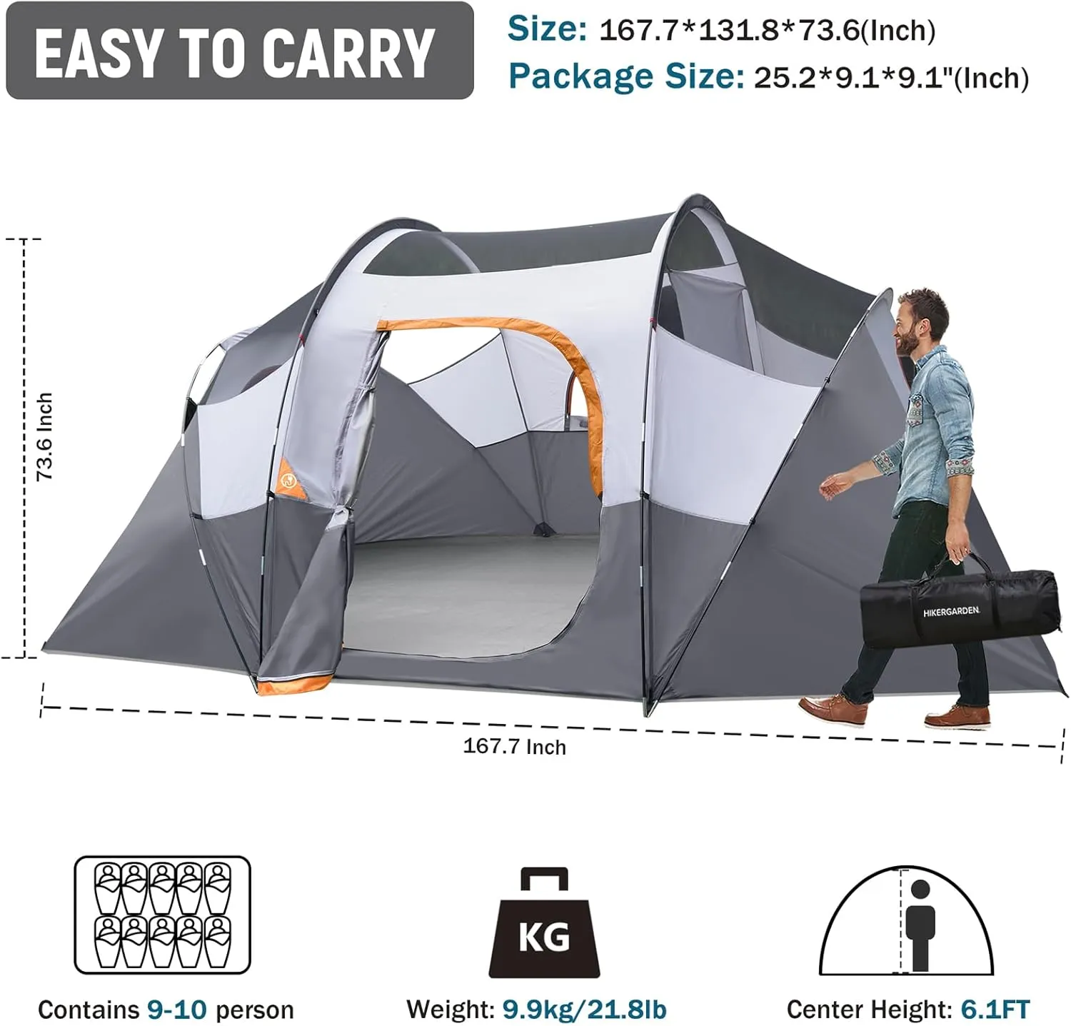 HIKERGARDEN 10 Person Camping Tent - Portable Easy Set Up Family Tent for Camp, Windproof Fabric Dome Tent Outdoor for Hiking, Backpacking, Traveling-14'x11'x74in(H)