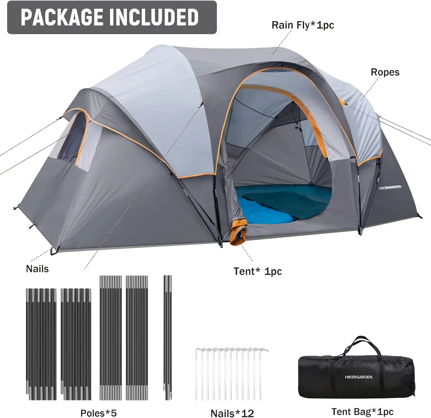 HIKERGARDEN 10 Person Camping Tent - Portable Easy Set Up Family Tent for Camp, Windproof Fabric Dome Tent Outdoor for Hiking, Backpacking, Traveling-14'x11'x74in(H)