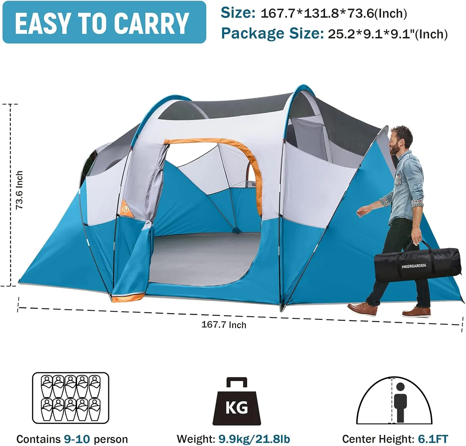 HIKERGARDEN 10 Person Camping Tent - Portable Easy Set Up Family Tent for Camp, Windproof Fabric Dome Tent Outdoor for Hiking, Backpacking, Traveling-14'x11'x74in(H)