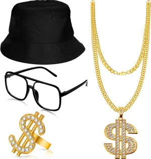 Hip Hop Costume Kit 80s 90s Rapper Accessories Outfit for Men Women Sunglass Hat Chain Ring Halloween Party Decoration