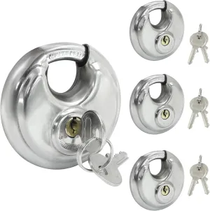 Hitefu 4 Packs Keyed Alike Discus Padlocks with Keys, Round Stainless Steel Disc Pad Lock for Storage, Garage, Fences & Sheds