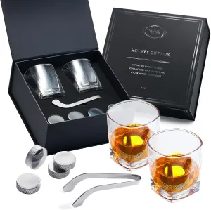 Hockey Whiskey Stones Set | 7pcs Set - 4 Hockey Puck Chill Stones, Hockey Stick Tongs & 2 Classy Whiskey Glasses | Prime Hockey Gifts for Coaches! Gifts for Men, Dad, Birthday Hockey Gift