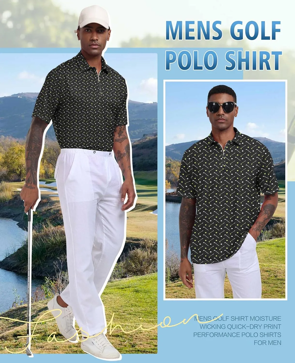 Hodaweisolp Men's Golf Shirts Dry Fit Moisture Wicking Performance Athletic Zipper Short Sleeve Polo Shirt for Men