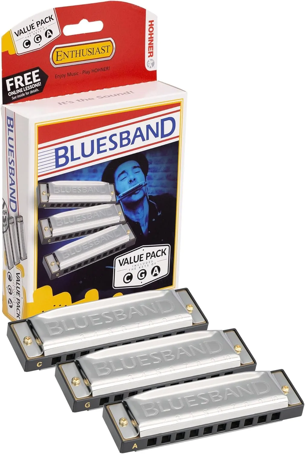 Hohner Blues Band Harmonica - Keys of G, C, A Bundle with Case, Pouch, Online Manual, and Austin Bazaar Polishing Cloth