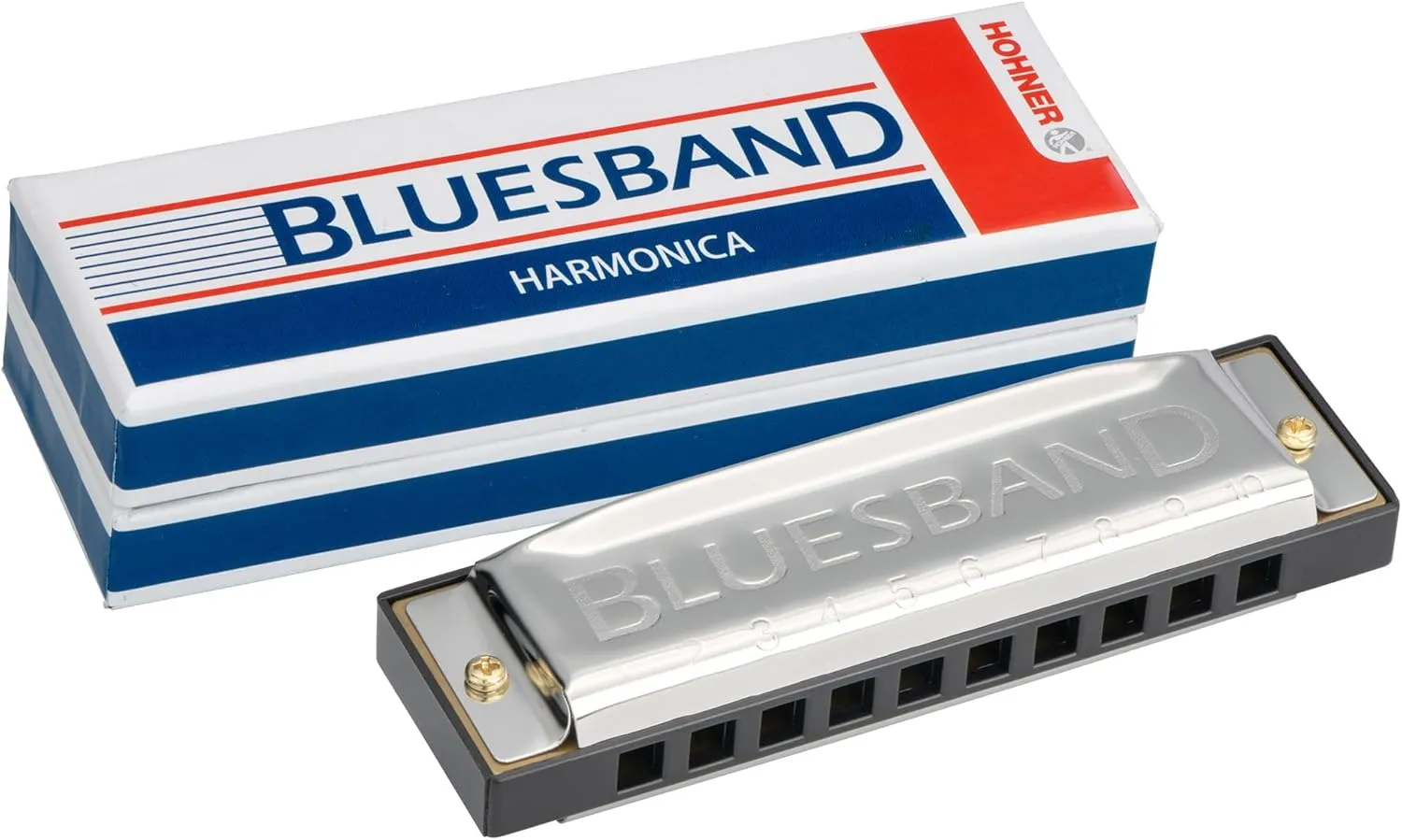 Hohner Blues Band Harmonica - Keys of G, C, A Bundle with Case, Pouch, Online Manual, and Austin Bazaar Polishing Cloth