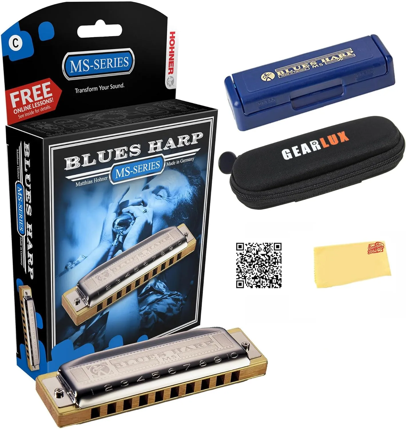Hohner Blues Band Harmonica - Keys of G, C, A Bundle with Case, Pouch, Online Manual, and Austin Bazaar Polishing Cloth