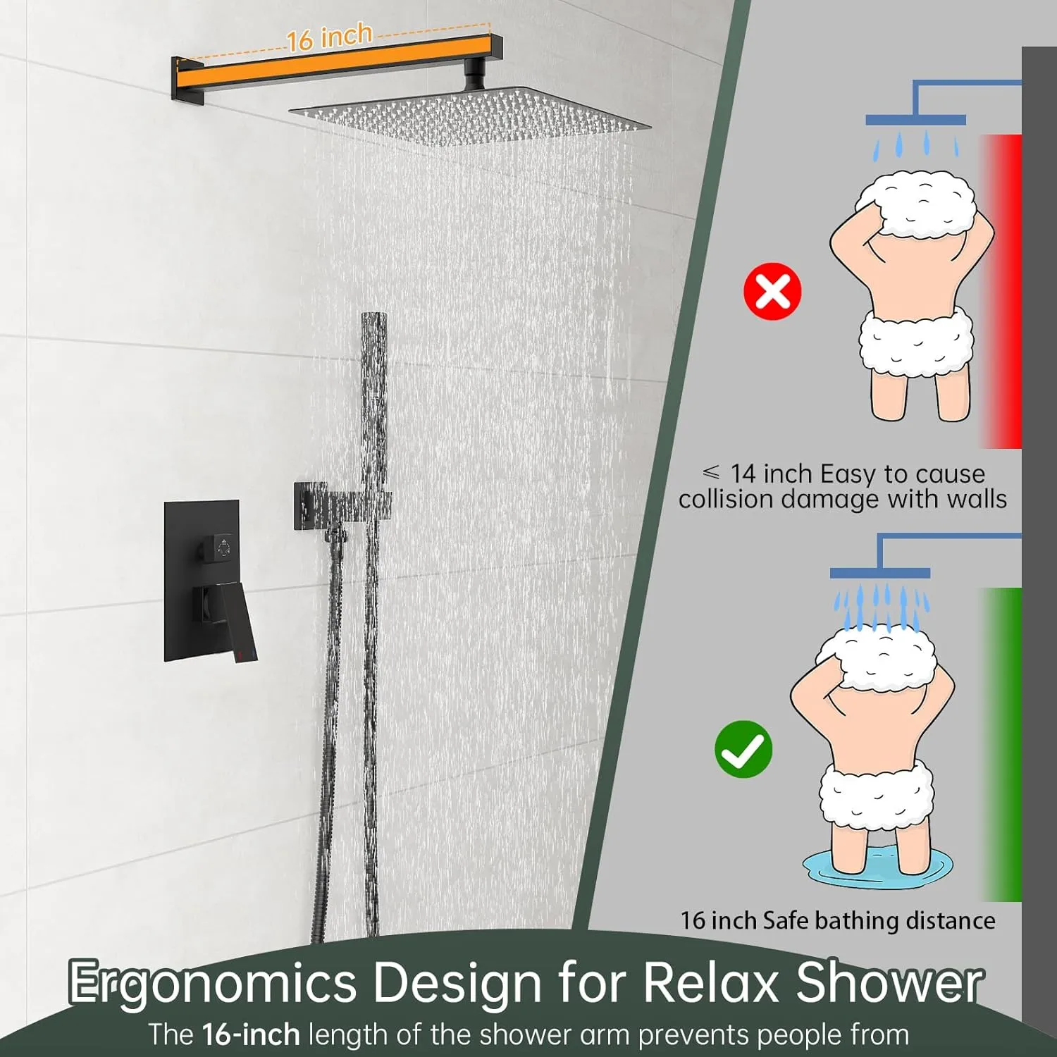 Hoimpro 12 Inch Shower Head System Set Bathroom Rain Mixer Shower Head 2 In 1 Handheld Sprayer Wall Mounted, Square Rainfall Shower Faucet Fixture Combo Valve Kits Brass Showerhead, Matte Black
