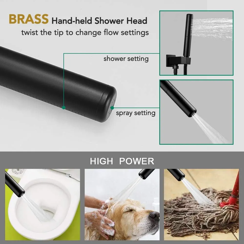 Hoimpro 12 Inch Shower Head System Set Bathroom Rain Mixer Shower Head 2 In 1 Handheld Sprayer Wall Mounted, Square Rainfall Shower Faucet Fixture Combo Valve Kits Brass Showerhead, Matte Black