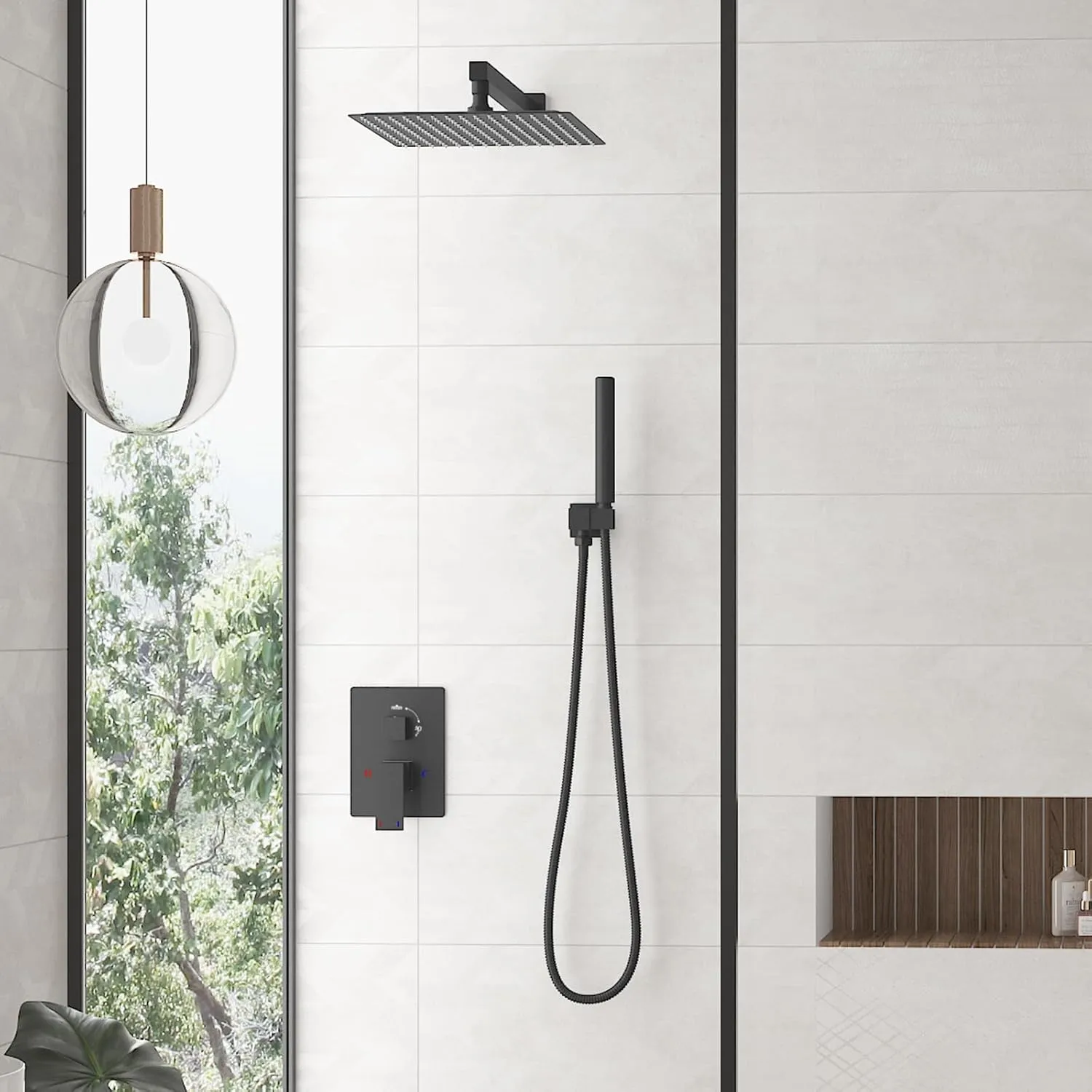 Hoimpro 12 Inch Shower Head System Set Bathroom Rain Mixer Shower Head 2 In 1 Handheld Sprayer Wall Mounted, Square Rainfall Shower Faucet Fixture Combo Valve Kits Brass Showerhead, Matte Black