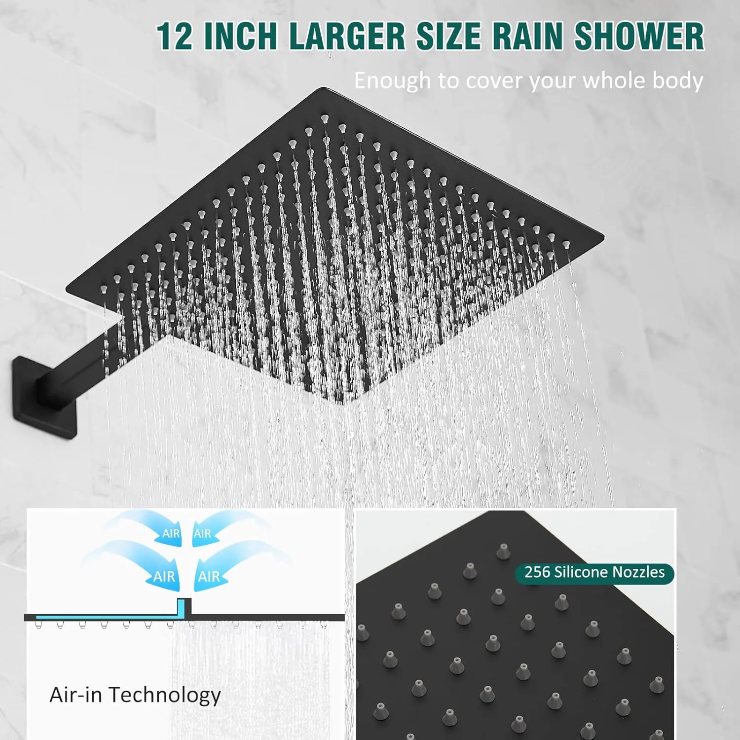 Hoimpro 12 Inch Shower Head System Set Bathroom Rain Mixer Shower Head 2 In 1 Handheld Sprayer Wall Mounted, Square Rainfall Shower Faucet Fixture Combo Valve Kits Brass Showerhead, Matte Black