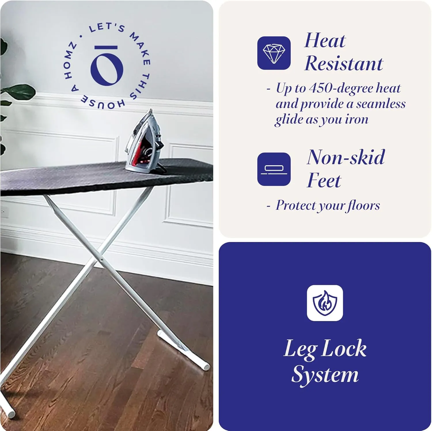 Homz T-Leg Clothes Ironing Board, Portable Compact Foldable Standard Size Adjustable Height with Foam Pad & Cotton Cover, Charcoal Gray
